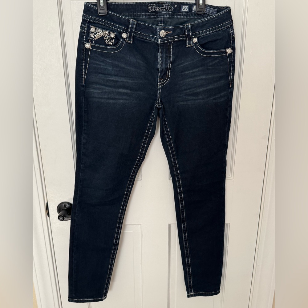 Miss Me Dark Blue Skinny Jeans with Embellished Pockets